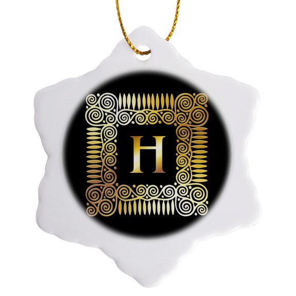 3drose, Letter H- Image of Spirals Forming a Square- Not Metal Foil, 3 inch Snowflake Porcelain Ornament