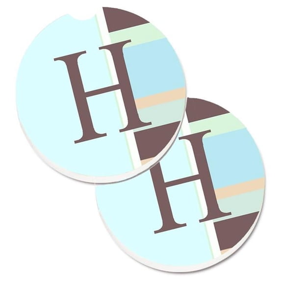 Letter H Initial Monogram Blue Stripes Set of 2 Cup Holder Car Coaster