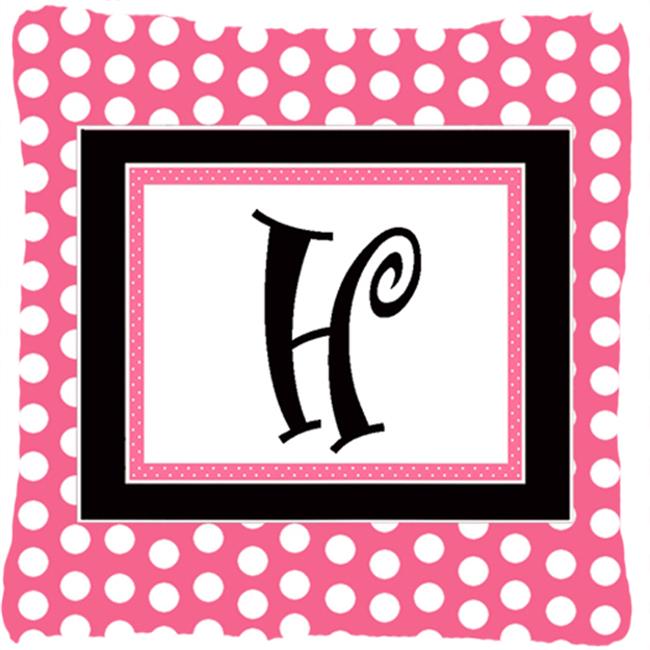 Letter H Initial Monogram - Pink Black Polka Dots Indoor & Outdoor Fabric Decorative Pillow