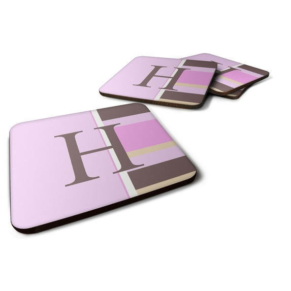 Letter H Initial Monogram - Pink Stripes Foam Coaster Set of 4