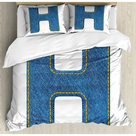 Letter H King Size Duvet Cover Set, Denim Letter Design Uppercase H Fabric Pattern Jeans Texture Retro Typography, Decorative 3 Piece Bedding Set with 2 Pillow Shams, Blue Marigold, by Ambesonne