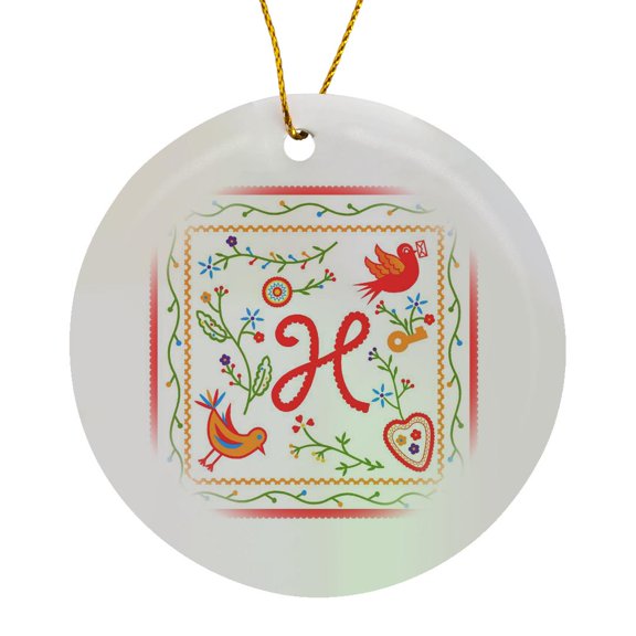 3drose, Letter H Monogram and Design Inpired by Portuguese Love Handkerchiefs Tradition, Circle Porcelain Ornament