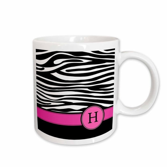 3drose, Letter H Monogrammed Black and White Zebra Stripes Animal Print with Hot Pink Personalized Initial, 11oz Mug