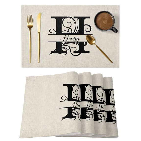 Letter H Placemats Set of 4, Cotton Linen Fabric Place Mats, Monogram Words Washable Decorative Table Mats Protector for Home Kitchen Dining Wedding Party Coffee Tables