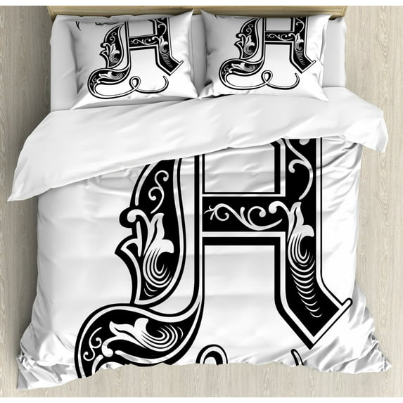 Letter H Queen Size Duvet Cover Set, Majuscule H with Rococo Influences Ancient Literature Language Theme Monochrome, Decorative 3 Piece Bedding Set with 2 Pillow Shams, Black White, by Ambesonne