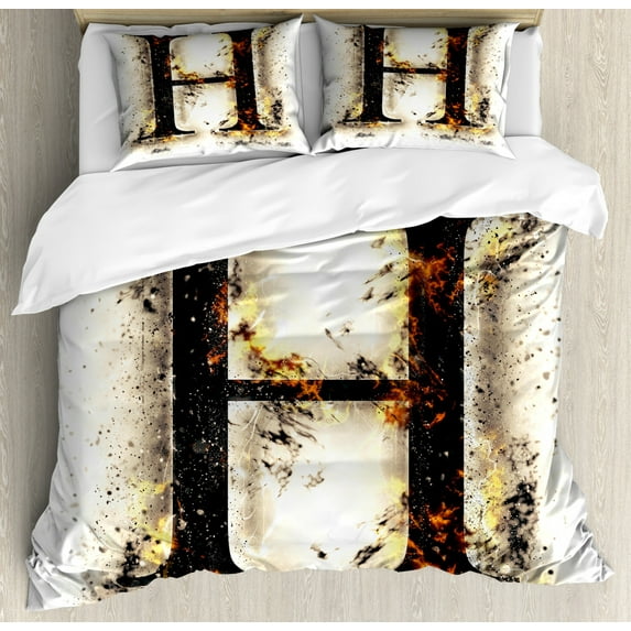 Letter H Queen Size Duvet Cover Set, H Symbol Ablaze Design Alphabet Symbol Conflagrant Background Illustration, Decorative 3 Piece Bedding Set with 2 Pillow Shams, Tan Black Orange, by Ambesonne