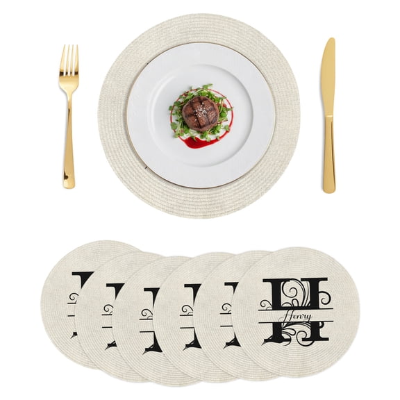 Letter H Round Placemats Set of 6, Braided Polypropylene Place Mats, Monogram Words Washable Table Mats for Kitchen Dinner Holiday Wedding Party Coffee Table Decoration 15"