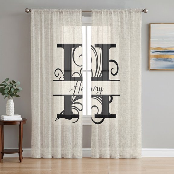 Letter H Semi Sheer Curtains 108 Inch Length 2 Panels Set, Monogram Words Sheer Kitchen Curtain Privacy Voile Window Curtain for Living Room Bedroom Rod Pocket Drapes