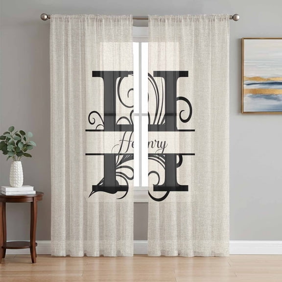 Letter H Sheer Curtains 108 Inch Length 2 Panels Set, Monogram Words Voile Window Treatment Semi Sheer Long Curtains Drapes for Bedroom/Living Room/Kitchen 52"x108"x2