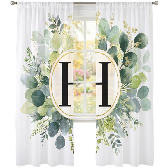 Letter H Sheer Curtains 108 Inch Long 2 Panels Alphabet Green Eucalyptus Leaves Plant Simple Light Filtering Rod Pocket Curtains, Sheer Voile Drapes for Living Room Bedroom 52"x108"