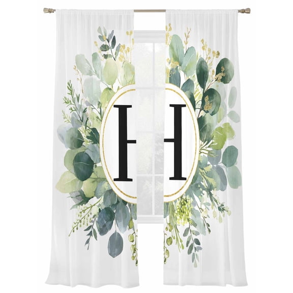 Letter H Sheer Curtains 108 inches Long, Alphabet Green Eucalyptus Leaves Plant Simple Light Filtering Sheer Window Curtains Rod Pocket Voile Drapes for Bedroom Living Room, 2 Panels 52"W x 108"L