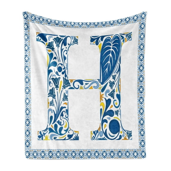 Letter H Soft Flannel Fleece Blanket, Azulejo Frame Flowers and Leaves Abstract Color Scheme Portuguese Inspired, Cozy Plush for Indoor and Outdoor Use, 50" x 70", Blue Yellow Orange, by Ambesonne