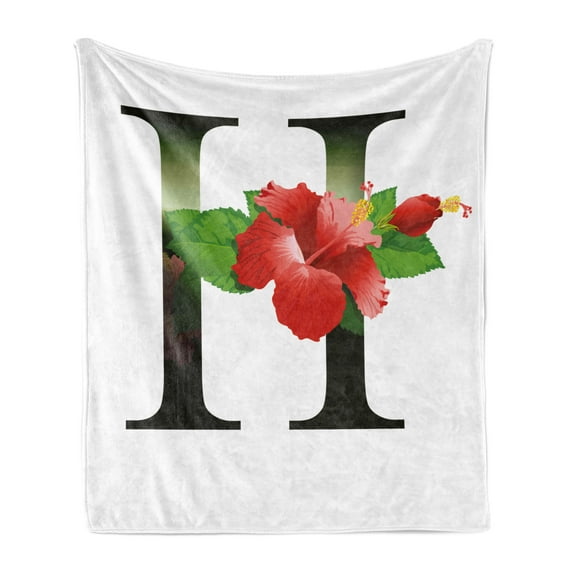 Letter H Soft Flannel Fleece Blanket, Hibiscus Design Green Leaves Vibrant Color Flower Natural Pattern Print, Cozy Plush for Indoor and Outdoor Use, 50" x 70", Vermilion Green Black, by Ambesonne
