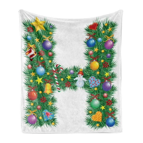 Letter H Soft Flannel Fleece Blanket, Uppercase Letter H Pine Tree Pattern with Christmas Celebration Theme Stars Image, Cozy Plush for Indoor and Outdoor Use, 50" x 60", Multicolor, by Ambesonne