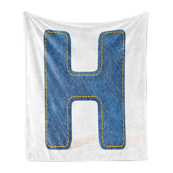 Letter H Soft Flannel Fleece Throw Blanket, Denim Letter Design Uppercase H Pattern Jeans Texture Retro Typography, Cozy Plush for Indoor and Outdoor Use, 60" x 80", Blue Marigold, by Ambesonne