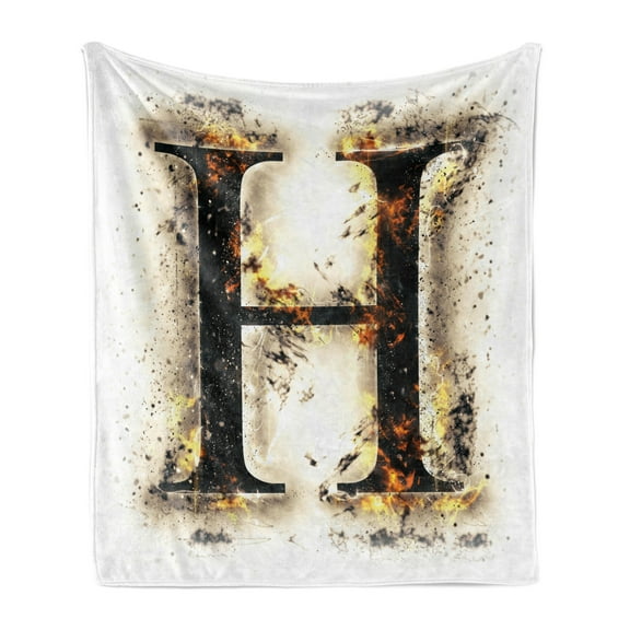 Letter H Soft Flannel Fleece Throw Blanket, H Ablaze Design Alphabet Conflagrant Background Illustration, Cozy Plush for Indoor and Outdoor Use, 50" x 60", Tan Black Orange, by Ambesonne