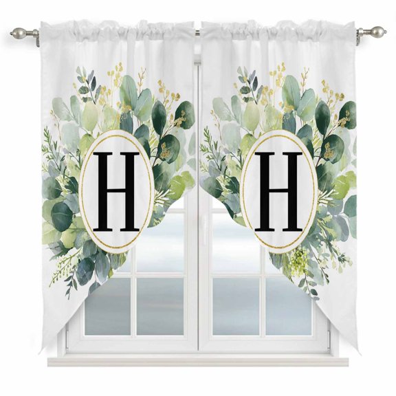 Letter H Swag Curtain Valance for Window 2 Panels Alphabet Green Eucalyptus Leaves Plant Simple Rod Pocket Small Window Swag Valances for Kitchen Bedroom Bathroom 36" W x 63" L