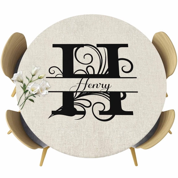Letter H Table Cloth, Round Fitted Tablecloths with Elastic Edge, Monogram Words Wipeable Waterproof Table Cover for Kitchen Wedding 45-54 Inches