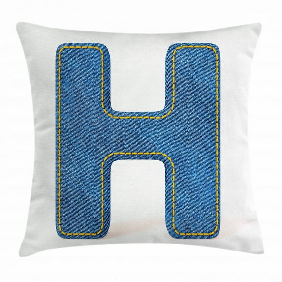 Letter H Throw Pillow Cushion Cover, Denim Letter Design Uppercase H Fabric Pattern Jeans Texture Retro Typography, Decorative Square Accent Pillow Case, 20 X 20 Inches, Blue Marigold, by Ambesonne