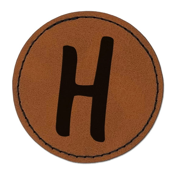Letter H Uppercase Felt Marker Font 2.5" Faux Leather Round Engraved Iron-On Patch - Brown