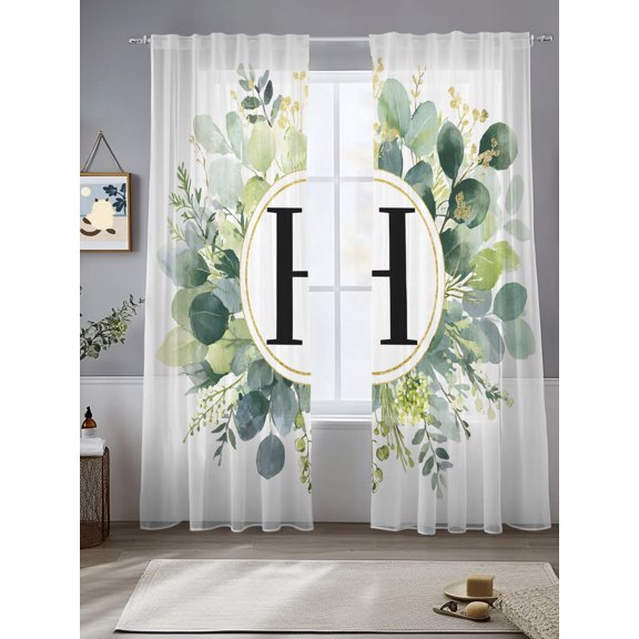 Letter H Window Sheer Curtain Alphabet Green Eucalyptus Leaves Plant Simple Semi Curtain Sheers Light Filtering Rod Pocket Voile Drapes for Bedroom Kitchen Living Room 52 X 108 Inch, 2 Panels