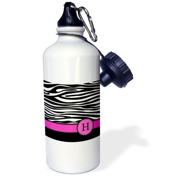 3dRose, Letter H monogrammed black and white zebra stripes animal print with hot pink personalized initial, 21 oz Sports Water Bottle