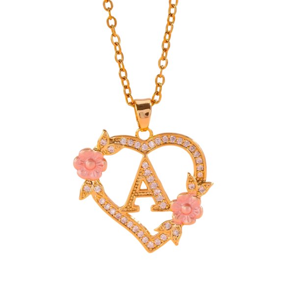 Letter Heart Charm Necklace Brass Floral Design Delicate Lightweight for Her