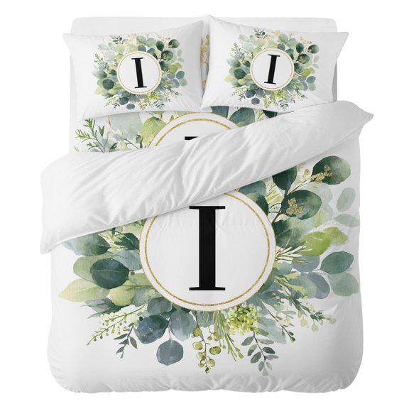 Letter I Comforter Set Twin Size, Alphabet Green Eucalyptus Leaves Plant Simple Soft Bedding Set for Man Woman, 4 Pieces Duvet Cover Set with Fitted Sheet, 2 Pillowcases