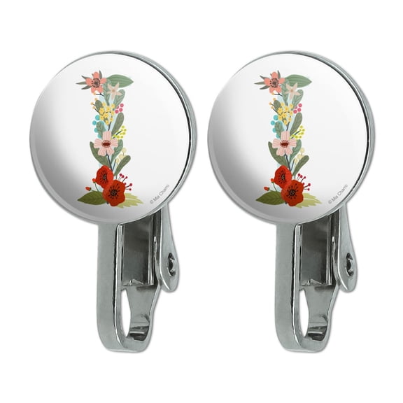 Letter I Floral Monogram Initial Novelty Clip-On Stud Earrings