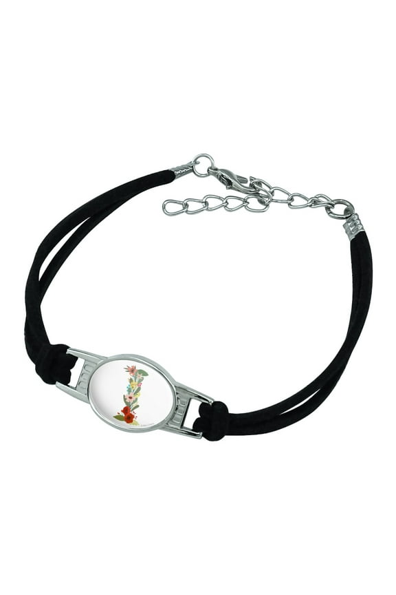 Letter I Floral Monogram Initial Novelty Suede Leather Metal Bracelet