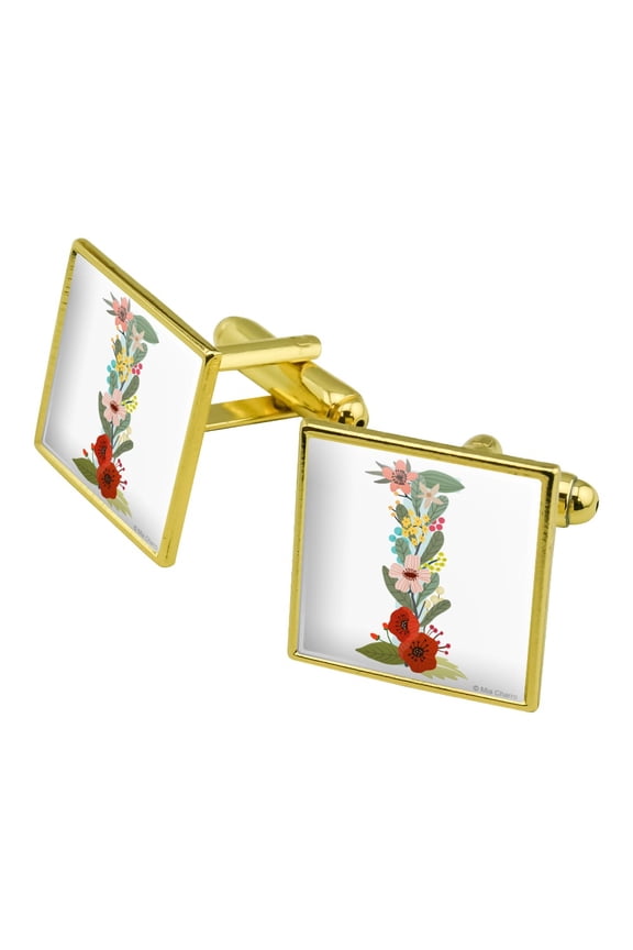 Letter I Floral Monogram Initial Square Cufflink Set - Silver or Gold