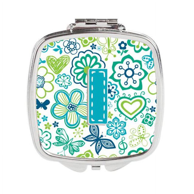 Letter I Flowers & Butterflies Teal Blue Compact Mirror