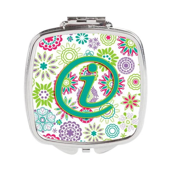 Letter I Flowers Pink Teal Green Initial Compact Mirror