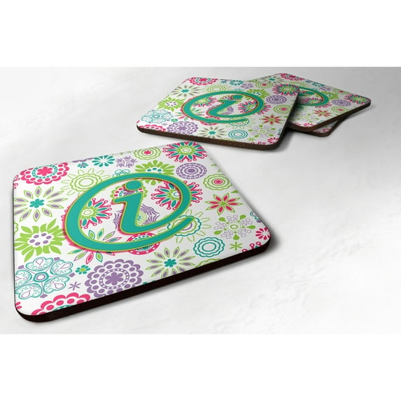 Letter I Flowers Pink Teal Green Initial Foam Coaster Set of 4