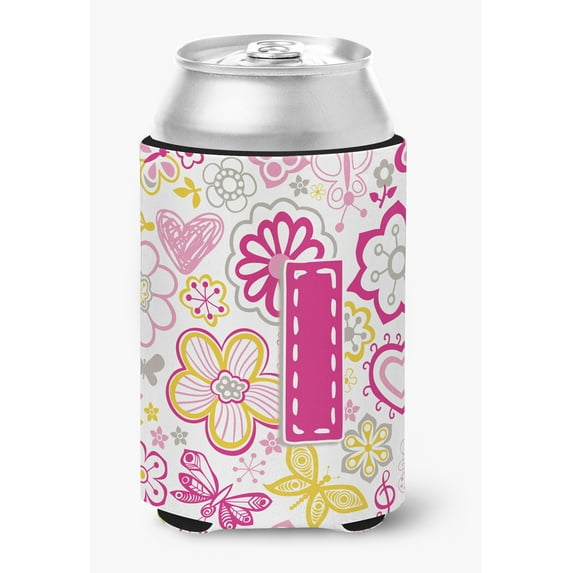Letter I Flowers and Butterflies Pink Can or Bottle Hugger