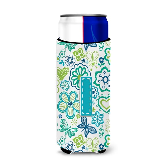 Letter I Flowers and Butterflies Teal Blue Ultra Beverage Insulators for slim cans CJ2006-IMUK