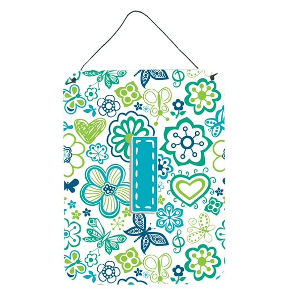 Letter I Flowers and Butterflies Teal Blue Wall or Door Hanging Prints