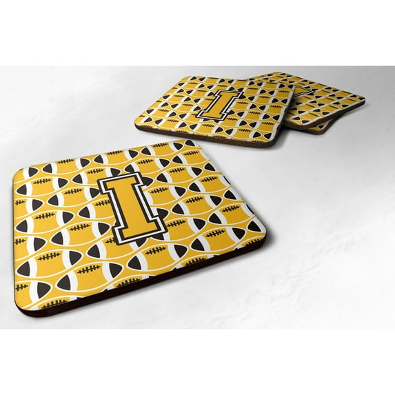Letter I Football Black Old Gold and White Foam Coaster Set of 4
