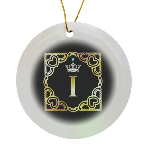 3drose, Letter I- Image of Monogram with Crown and Blue Star- Not Metal Foil, Circle Porcelain Ornament