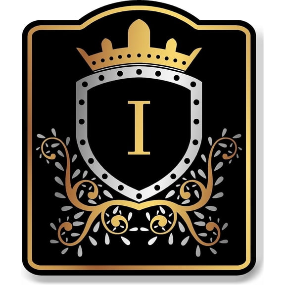 Letter I Initial Fancy Gold Crown BLACK Aluminum Composite Sign 15''x18''