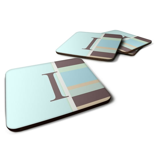 Letter I Initial Monogram - Blue Stripes Foam Coaster Set of 4