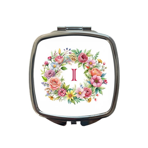 Letter I Initial Monogram Flowers Floral Travel Makeup Handbag Purse Small Pocket Compact Mirror