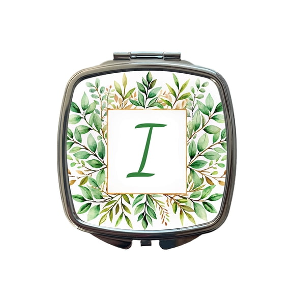Letter I Initial Monogram Frame Leaf Travel Makeup Handbag Purse Small Pocket Compact Mirror