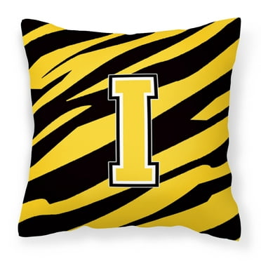 Letter I Initial Tiger Stripe - Black Gold  Fabric Decorative Pillow
