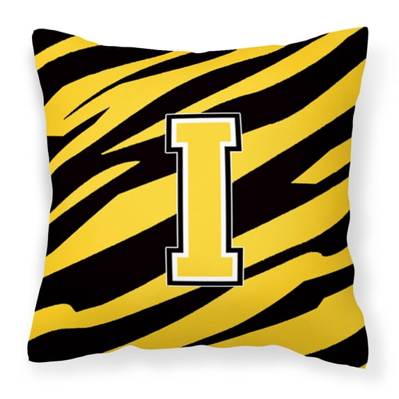 Letter I Initial Tiger Stripe - Black Gold Fabric Decorative Pillow