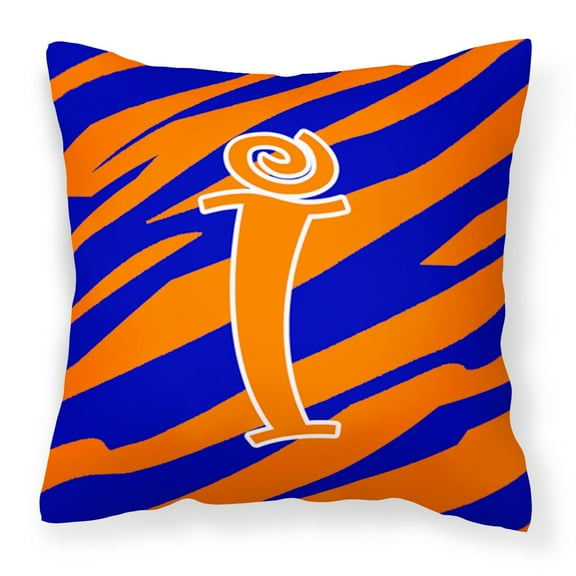 Letter I Initial Tiger Stripe Blue and Orange Fabric Decorative Pillow