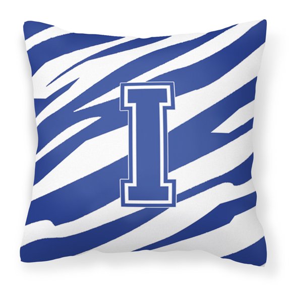 Letter I Initial Tiger Stripe Blue and White Fabric Decorative Pillow
