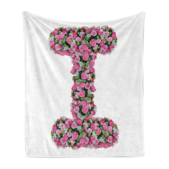 Letter I Soft Flannel Fleece Blanket, Initial Letter I with Colorful Blooming Bouquet Daisies Realistic Looking Flowers, Cozy Plush for Indoor and Outdoor Use, 50" x 70", Pink Green, by Ambesonne