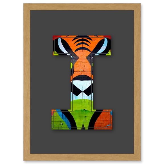 Letter I Tiger Face Orange White Black Decorative Graffiti Mural Alphabet Initial Stencil Artwork Framed Wall Art Print A4