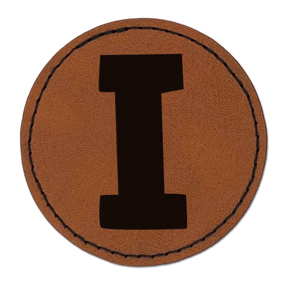 Letter I Uppercase Fun Bold Font 2.5" Faux Leather Round Engraved Iron-On Patch - Brown